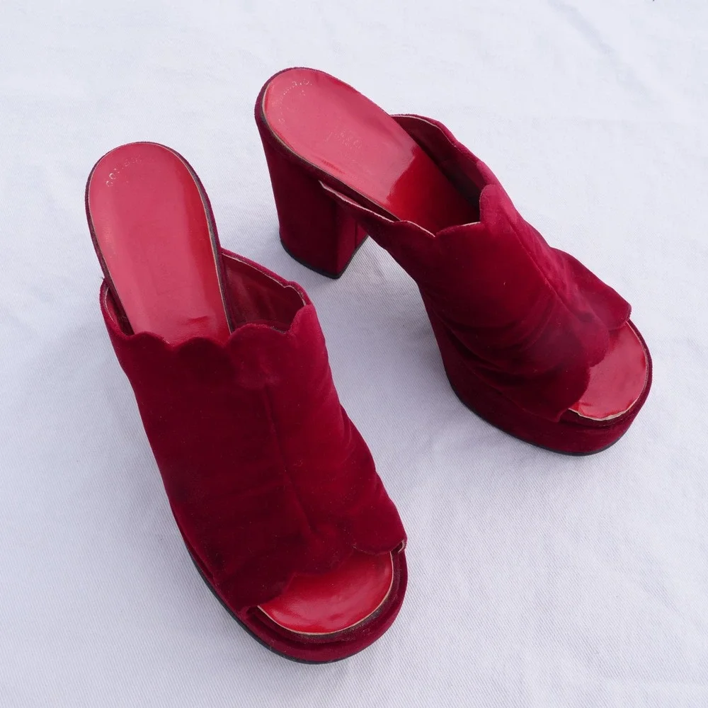 True vintage 1970s Montgomery Ward red velvet open toe platforms mules